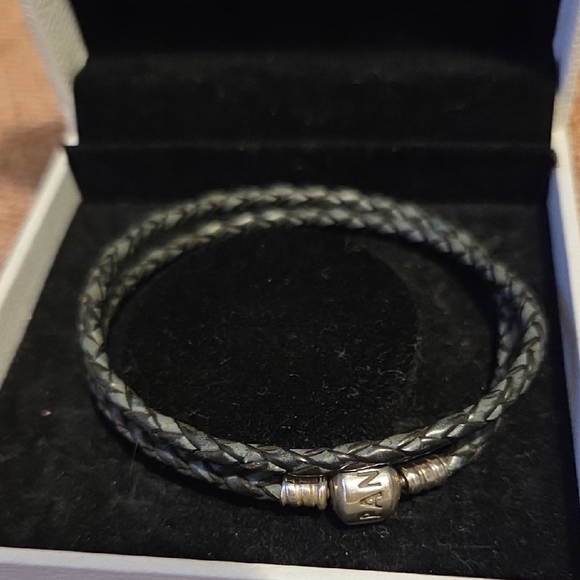Pandora Charcoal Gray Leather Braided Double Bracelet with Sterling Silver Clasp - Picture 5 of 6